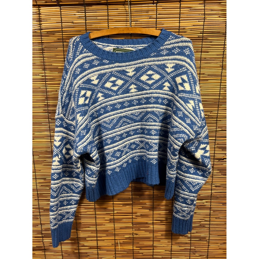 American Eagle Large Sweater Blue White Fair Isle Knit Cropped Pullover